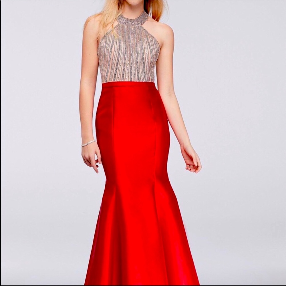 Xscape prom/evening red mermaid satin and embellished gown